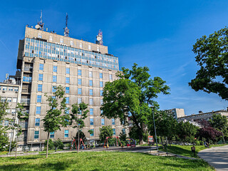 View of the imposing building and park under a sunny sky, Vracar, Belgrade, May 2025