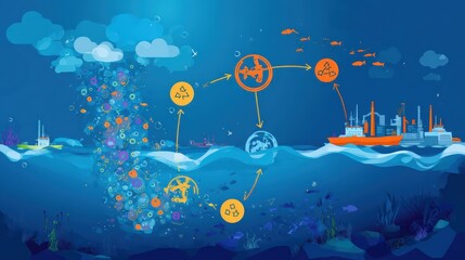 Plastic Recycling Ecosystem Visualizing Ocean Pollution, Sustainable Circular Economy Infographic with Marine Life