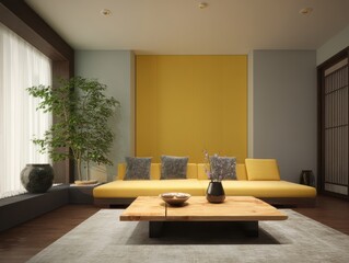 Modern living room interior with yellow accent wall.