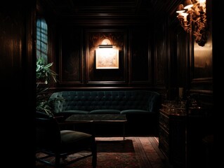 Dark, elegant sitting room with teal sofa and antique furnishings.