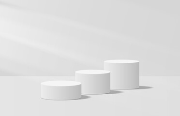 Soft realistic white 3d cylinder podium in lighting room shining on pedestal elegant. 3D vector stage for product mockup. Geometric platform. Vector rendering. Minimal scene for product promotion.