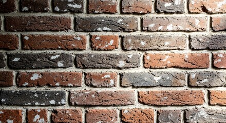Fototapeta premium An aged brick wall in a warm rustic tone. The close-up shot emphasizes the texture and character of the material, showcasing its weathered appearance