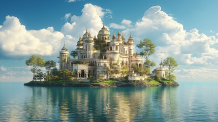 Fototapeta premium Mysterious castle on an isolated island surrounded by calm waters at sunrise