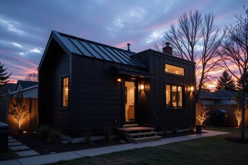 Obraz premium Accessory dwelling unit. Modern black house illuminated at dusk with a vibrant sky backdrop.