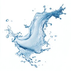 fresh water splash on white background, isolated blue water splash in mid-air, curved water splash with droplets on white background, mineral water splash, water splash isolated, easy to cutout