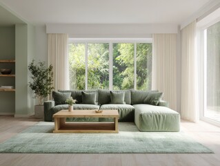 Modern living room with a tranquil green color palette.