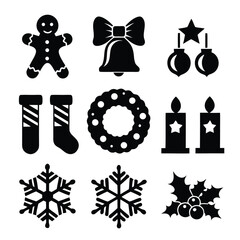 Festive christmas icon set featuring gingerbread man, bell, baubles, candles, and snowflake designs