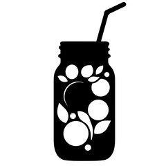 Silhouette of citrus spritzer in mason jar with straw, black and white summer drink