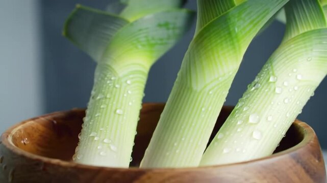 Fresh Leeks In A Bowl With Water Drops For Culinary Preparation