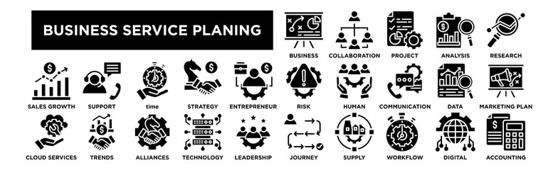 Business Service planing icon collection set. Business Plan, Team Collaboration, Project Management, Financial Analysis, Market Research