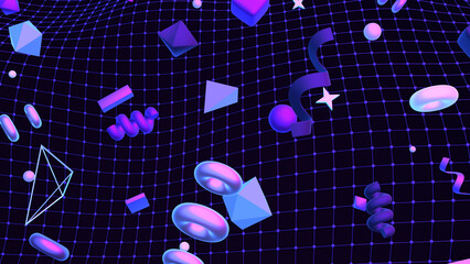 3D render neon abstract geometric shapes on dark wavy grid.