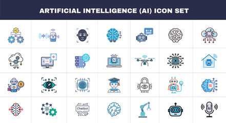  Artificial intelligence icon set. Containing machine learning, data science, AI, virtual assistant, generative AI, technology, Turing test and more. Solid vector icons collection
