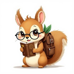 Cute cartoon squirrel reading a book while carrying a backpack in a bright, cheerful setting