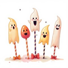 Cute ghost character lollipops with cheerful expressions on display for Halloween celebration