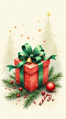Festive Christmas gift box decorated with a green ribbon and surrounded by ornaments and pine branches in winter setting