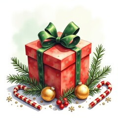 Holiday gift box adorned with green ribbon, surrounded by festive decorations and seasonal elements in a bright setting