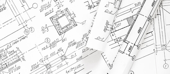 architect design working drawing sketch plans blueprints and making architectural construction model in architect studio,flat lay.