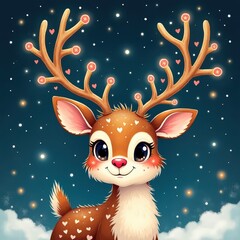 Cute cartoon deer with heart-shaped antlers under a starry sky at night