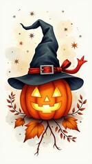 Halloween pumpkin wearing a witch hat with glowing eyes and mouth surrounded by leaves and stars in a festive autumn design