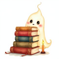 Cute ghost reading beside colorful stacked books with a candle in a cozy, magical setting