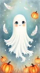 Cute cartoon ghost surrounded by pumpkins and feathers during fall season celebration
