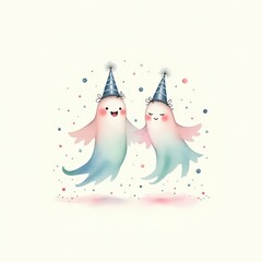 Two cheerful ghosts in party hats celebrate together with colorful confetti and bubbles