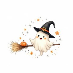Cute ghost with a witch hat flying on a broomstick holding a pumpkin in a playful Halloween illustration