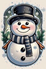 Snowman wearing a top hat and scarf stands happily in a winter wonderland with snowflakes falling softly