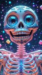 Colorful skeleton figure with sparkling eyes surrounded by vibrant decorations at a festive celebration