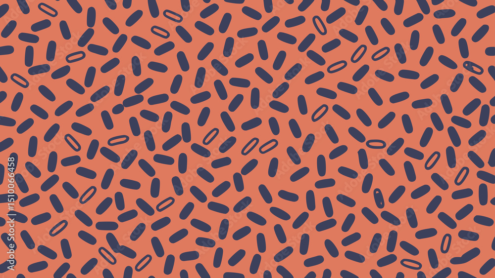 Poster abstract repeating pattern of dark blue rounded shapes and ovals on a warm orange background for des