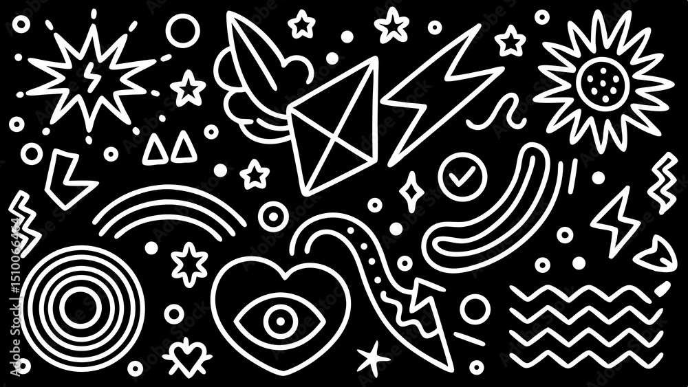 Aufkleber abstract white doodle art elements pattern on a black background design suitable for various applica