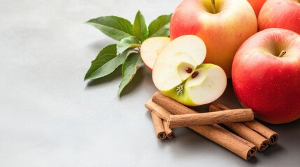 Cider with apples and spices natural. Fresh apples with cinnamon sticks and leaves on a textured surface.