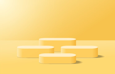 Abstract realistic yellow 3d round podium for product display stand in light room shining from top left corner. Minimal scene for product display mockup. Vector geometric platform. 3d vector rendering