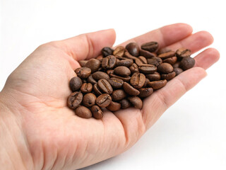 Hand holding coffee beans, isolated white background