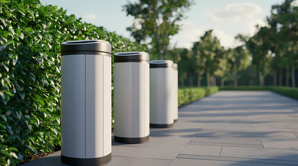 Three modern trash bins line a clean park pathway bordered by lush greenery and trees on a sunny day.