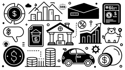 Black and white doodle style vector illustration depicting financial concepts and money related themes