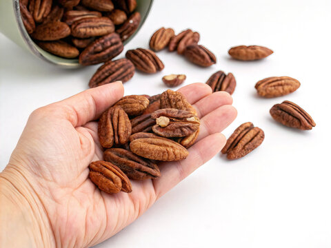 Hand holding pecan nuts, isolated white background