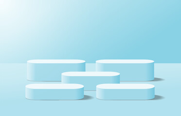 Abstract realistic blue 3d round podium for product display stand in light room shining from top left corner. Minimal scene for product display mockup. Vector geometric platform. 3d vector rendering.