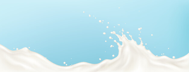 White milk splash wave - liquid swirl on light blue background. Creamy dairy product, yogurt or cream flow with drops and bubbles. Healthy drink smooth dessert ingredient in motion. 3d vector.