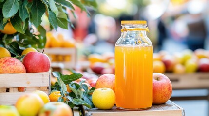 Cider with apples and spices natural. Fresh apple juice in a jar surrounded by apples on a market table.