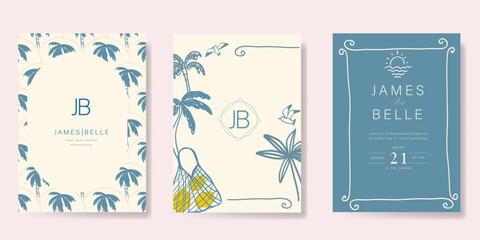 Indigo Italy summer invitation card vector. Italian poster with coconut tree, bird, lemon, summer element. Design for wedding card, greeting card, bridal shower, cover.
