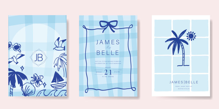 Indigo Italy summer invitation card vector. Italian poster with coconut tree, bird, hibiscus, boat, summer element. Design for wedding card, greeting card, bridal shower, cover.