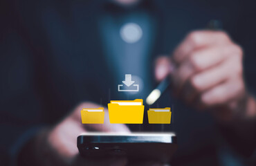 Business people use computers to upload documents from folders to manage online document databases...