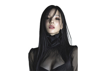 Naklejka premium Asian woman with tousled black hair in transparent black high-neck garment in fashion portrait, isolated on a transparent background