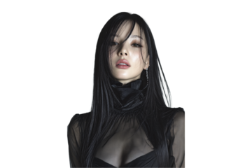 Asian woman with tousled black hair in transparent black high-neck garment in fashion portrait, isolated on a transparent background