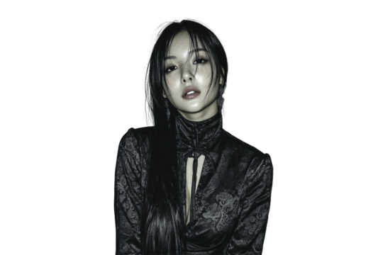 Asian woman in black ornate high-neck dress with decorative patterns and dangling earrings, isolated on a transparent background
