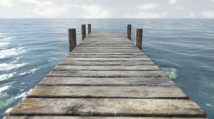 Fototapeta premium Wooden dock extends into calm blue water under a sunny sky
