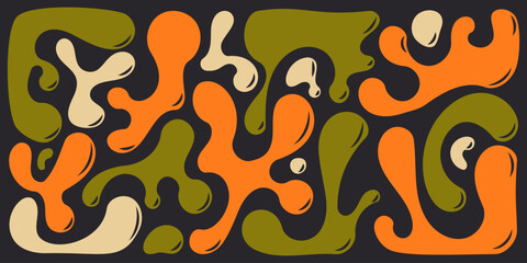 Funky liquid shapes pattern - colorful abstract organic forms on black background. Retro groovy blobs, flowing curves, psychedelic design elements. Lava lamp style ornament, 70s aesthetic decorations.