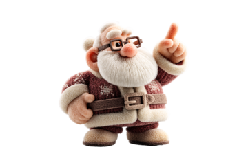 Cheerful Santa Claus figure with glasses, white beard, red suit, and pointing finger gesture, isolated on a transparent background