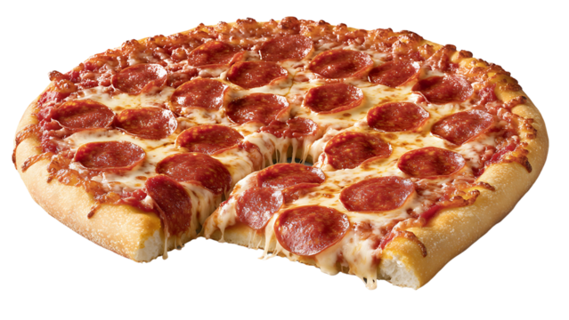 Pepperoni pizza with melted cheese isolated on transparent background
